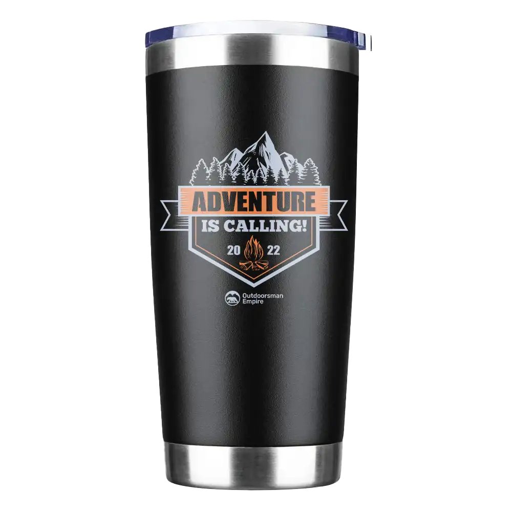 Adventure Is Calling 20oz Insulated Vacuum Sealed Tumbler in stainless steel with a vibrant UV-printed design, showcasing its double-walled construction.