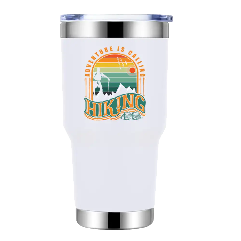 Adventure Is Calling Hiking 30oz Insulated Vacuum Sealed Tumbler with vibrant UV-printed design, showcasing its stainless steel construction and splash-proof lid.