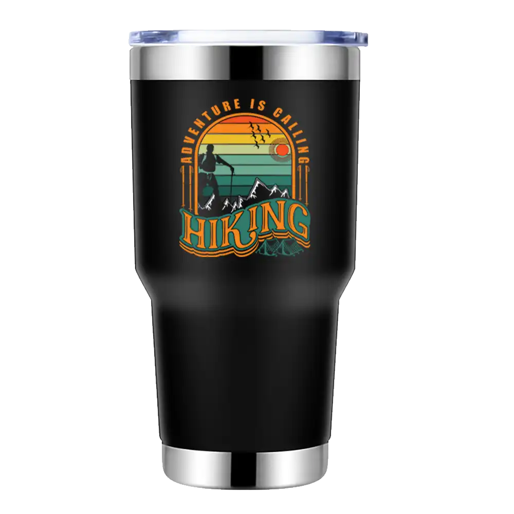 Adventure Is Calling Hiking 30oz Insulated Vacuum Sealed Tumbler with vibrant UV-printed design, showcasing its stainless steel construction and splash-proof lid.