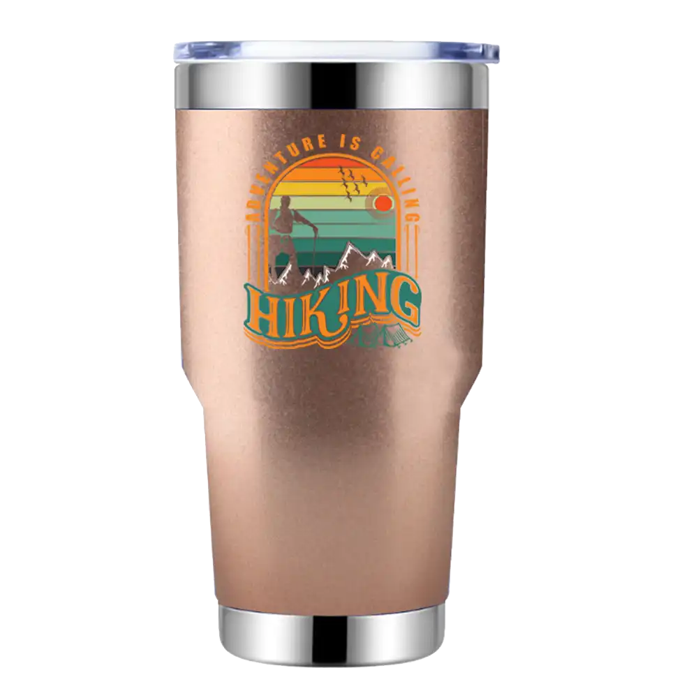 Adventure Is Calling Hiking 30oz Insulated Vacuum Sealed Tumbler with vibrant UV-printed design, showcasing its stainless steel construction and splash-proof lid.