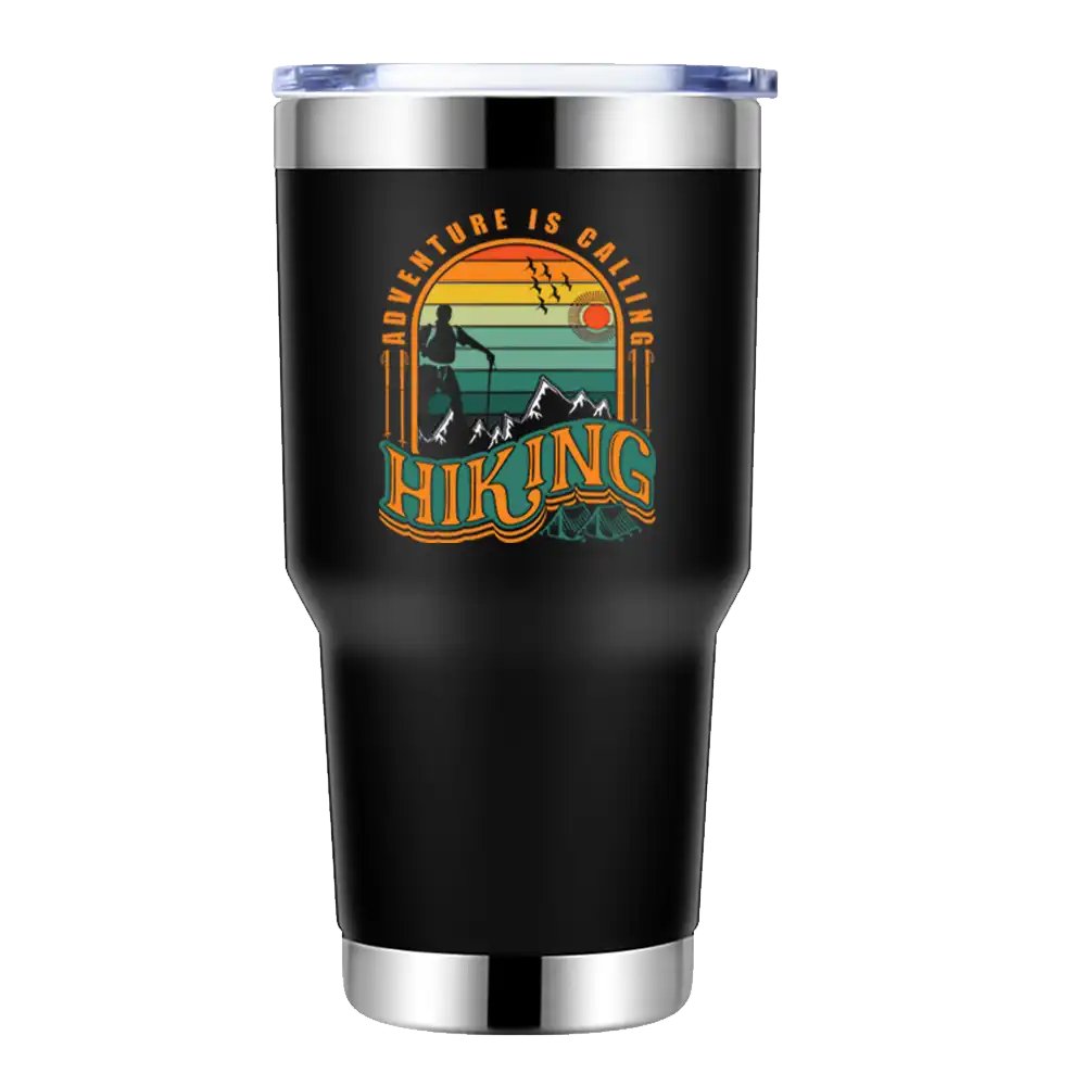 Adventure Is Calling Hiking 30oz Insulated Vacuum Sealed Tumbler with vibrant UV-printed design, showcasing its stainless steel construction and splash-proof lid.