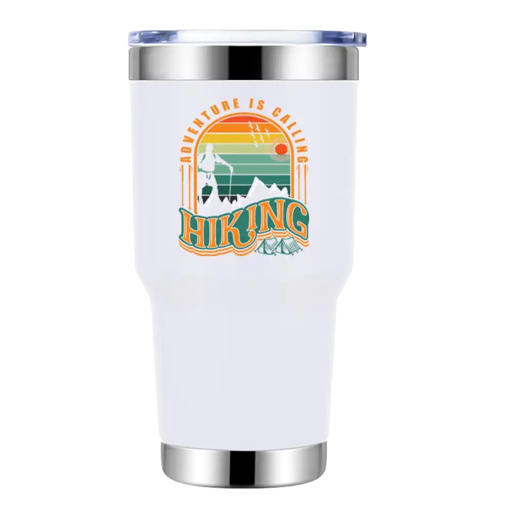 Adventure Is Calling Hiking 30oz Insulated Vacuum Sealed Tumbler with vibrant UV-printed design, showcasing its stainless steel construction and splash-proof lid.