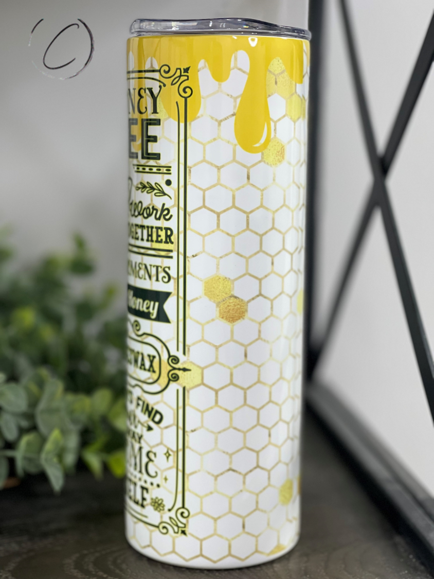 Advice From A Honey Bee 20oz Skinny Tumbler with a vibrant full wrap design, featuring a reusable straw.