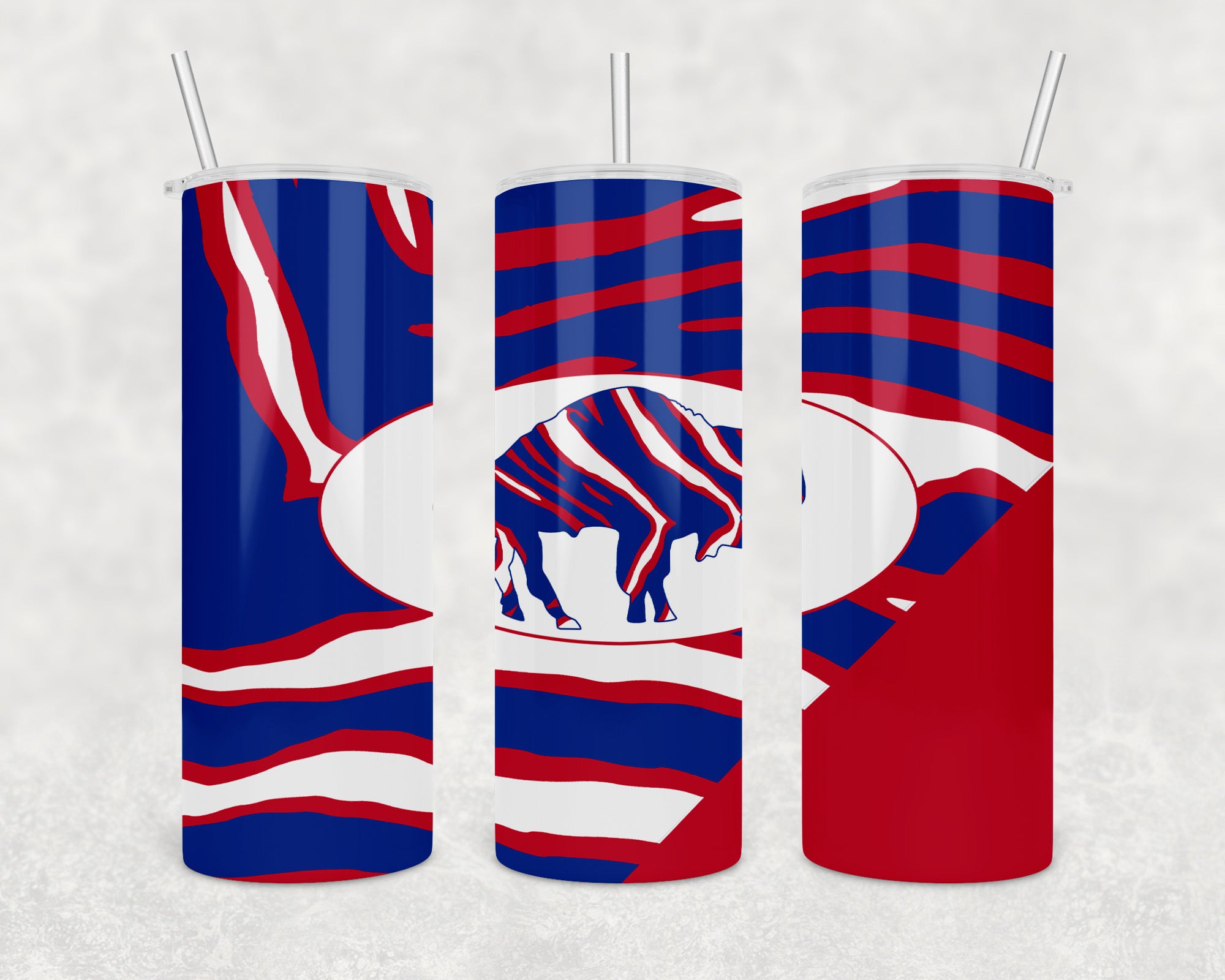 All The Buffalo Zubaz 20oz Skinny Tumbler featuring a vibrant design, stainless steel construction, and a clear sliding lid.