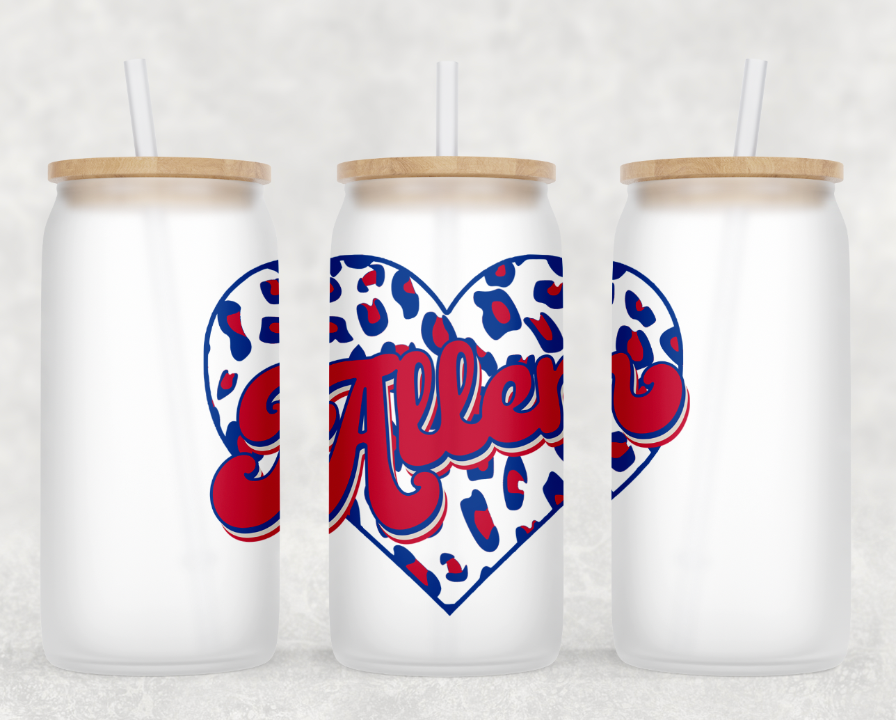 Allen Leopard Heart Glass Can Tumbler with bamboo lid and clear straw, featuring a stylish leopard heart design.