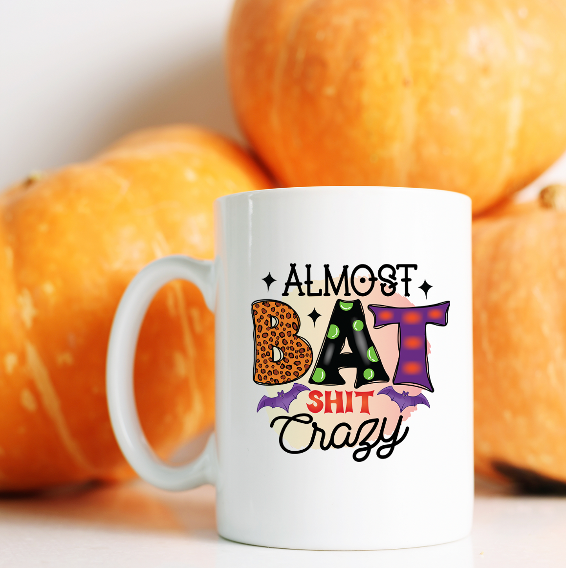 Almost Bat Shit Crazy 15oz Mug with glossy white finish and vibrant print, perfect for coffee or tea.