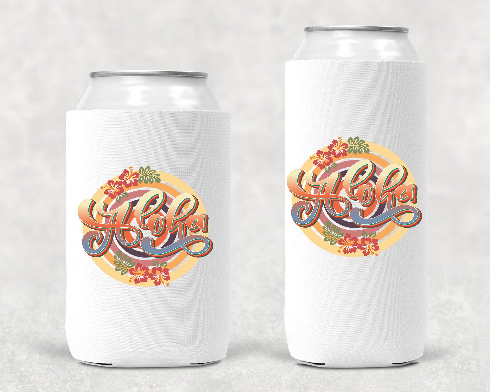 Aloha Koozie featuring a vibrant white polyester surface, designed for 12oz drink cans with neoprene insulation.