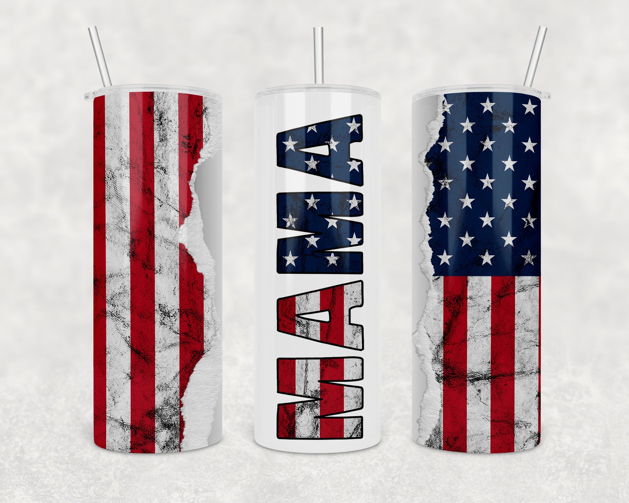 American Mama 20oz Skinny Tumbler in various colors with a clear lid and stainless steel straw.