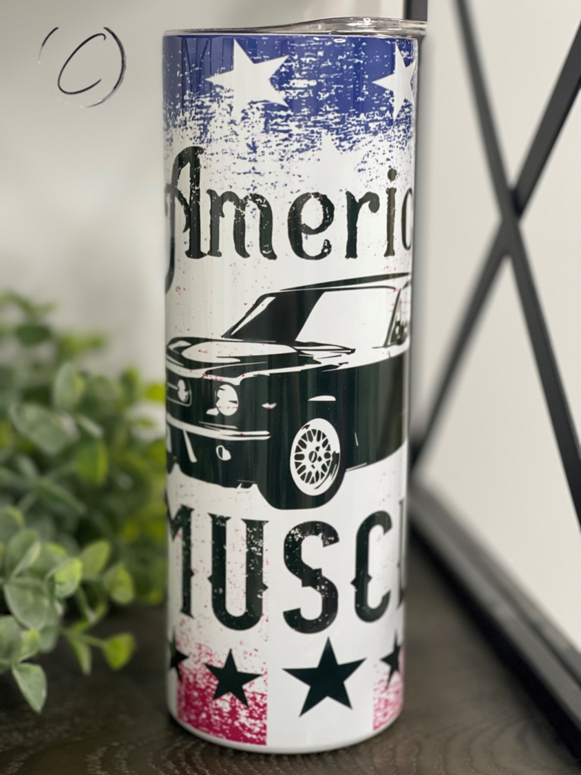 American Muscle 20oz Skinny Tumbler featuring a vibrant full wrap design, perfect for hydration on-the-go.