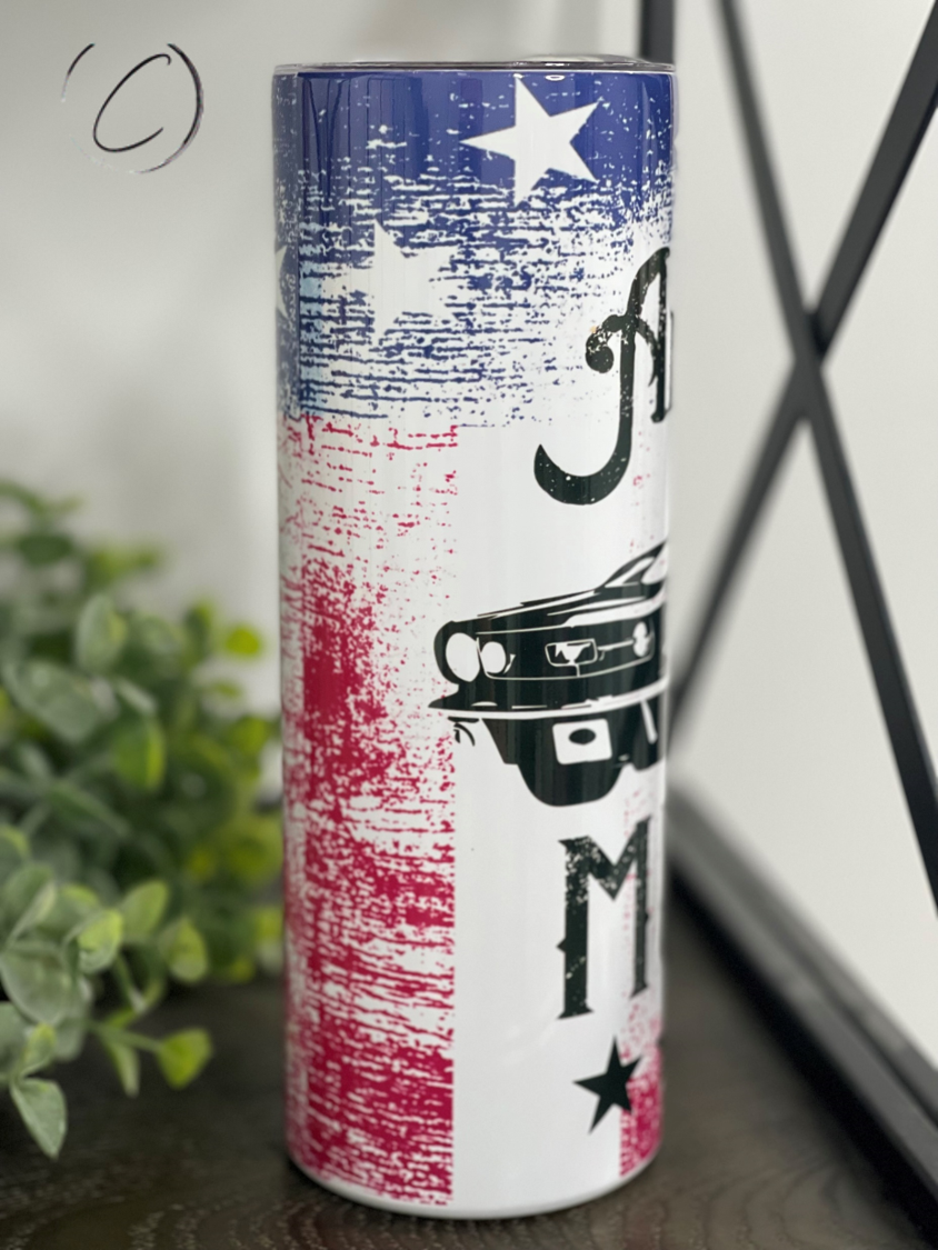 American Muscle 20oz Skinny Tumbler featuring a vibrant full wrap design, perfect for hydration on-the-go.