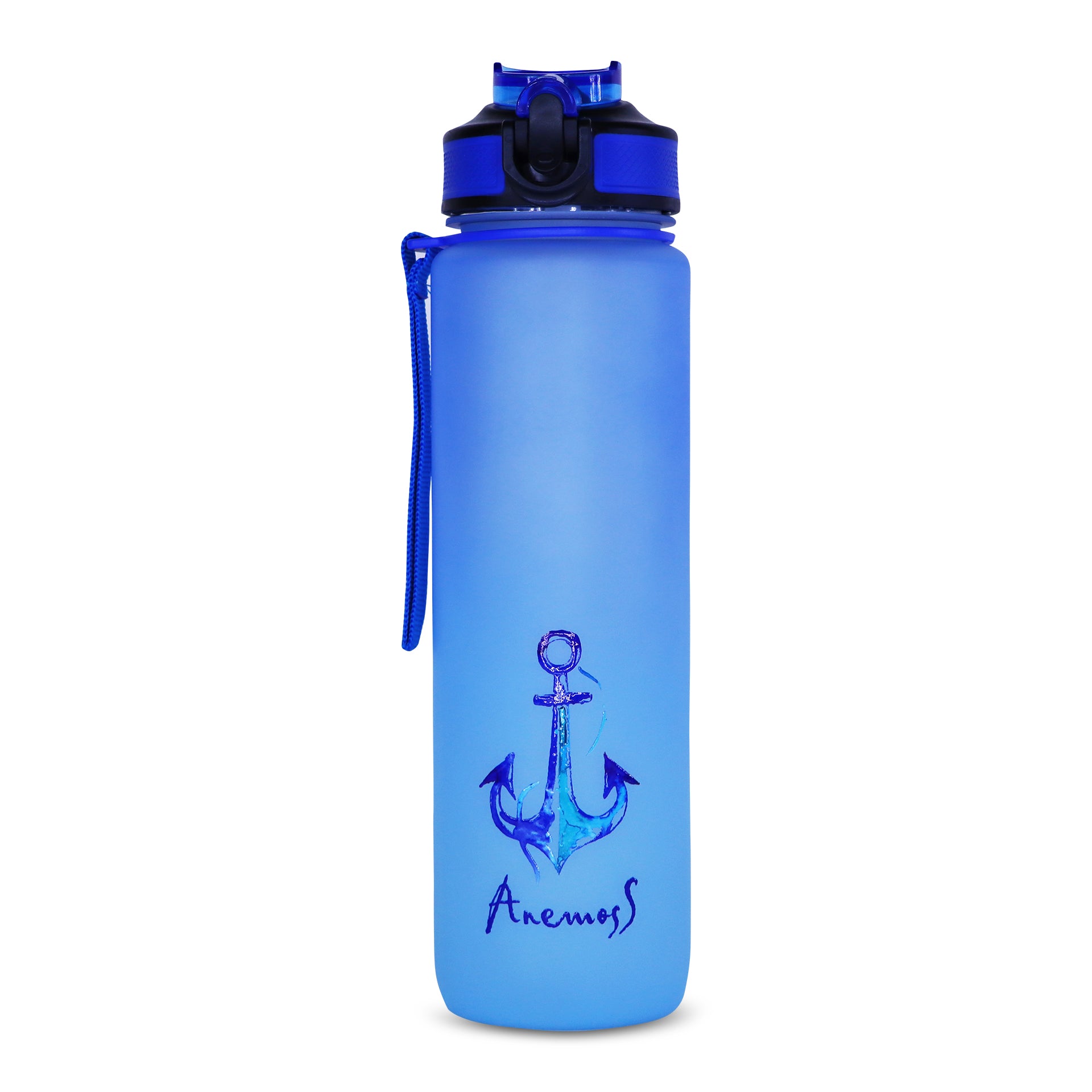 ANEMOSS Anker Muster Tritan Wasserflasche in Blau, BPA-frei, mit stilvollem Anker Muster und praktischem Trageriemen.