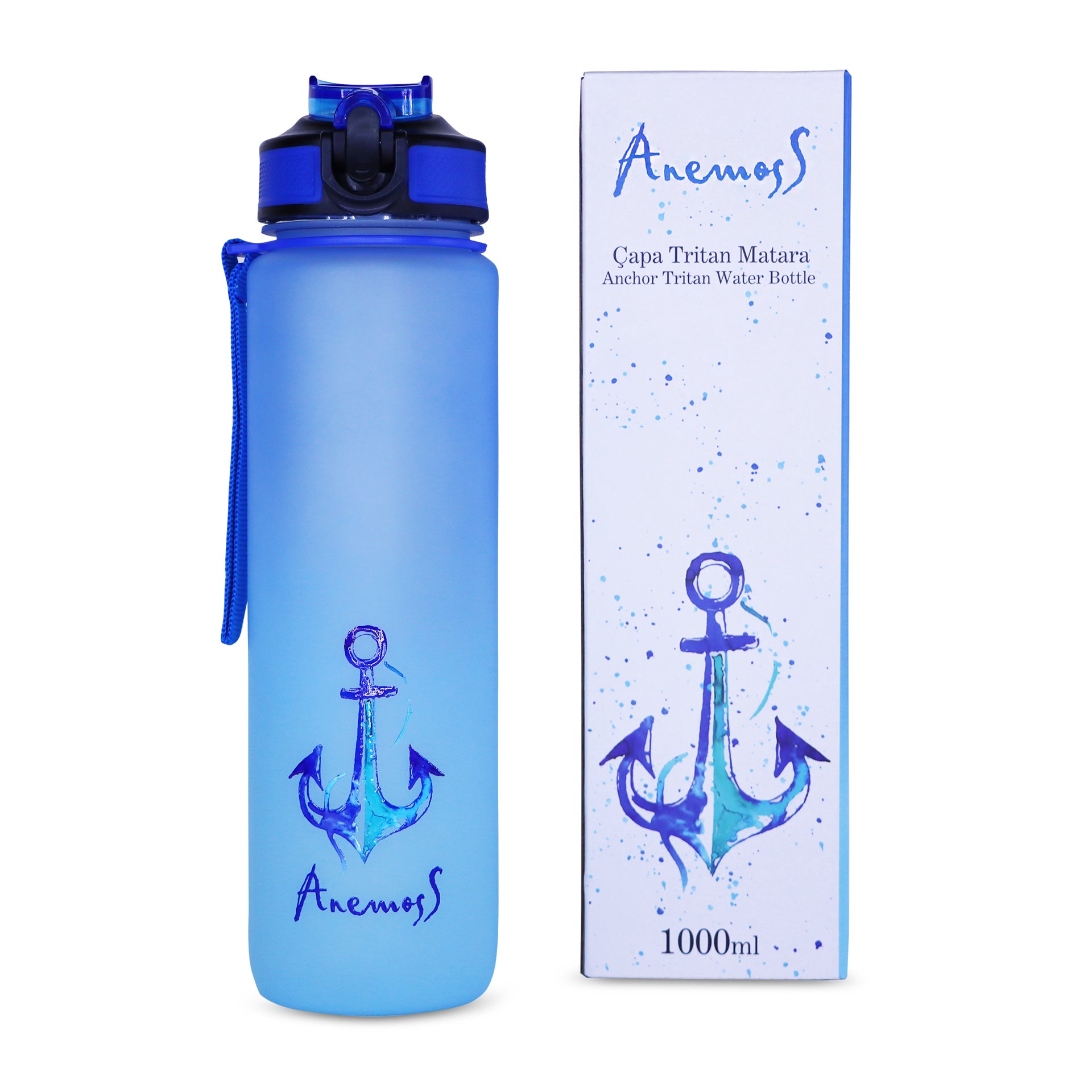 ANEMOSS Anker Muster Tritan Wasserflasche in Blau, BPA-frei, mit stilvollem Anker Muster und praktischem Trageriemen.