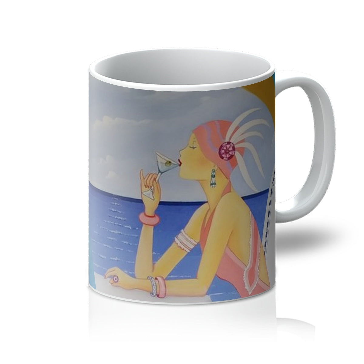 Art Deco Cruising Women Mug featuring a stylish design, 11oz capacity, and pure white Orca coated finish, perfect for coffee or tea.