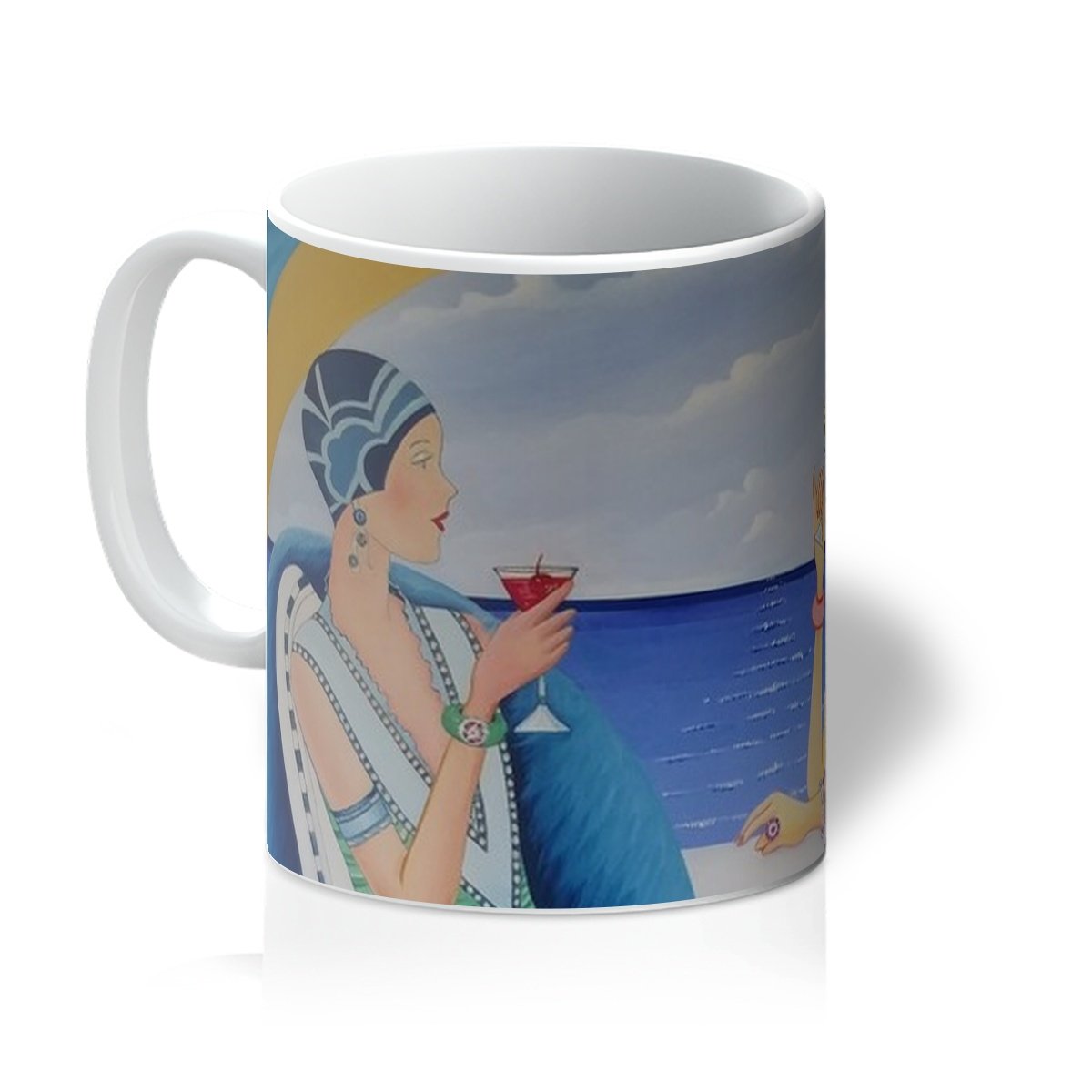 Art Deco Cruising Women Mug featuring a stylish design, 11oz capacity, and pure white Orca coated finish, perfect for coffee or tea.