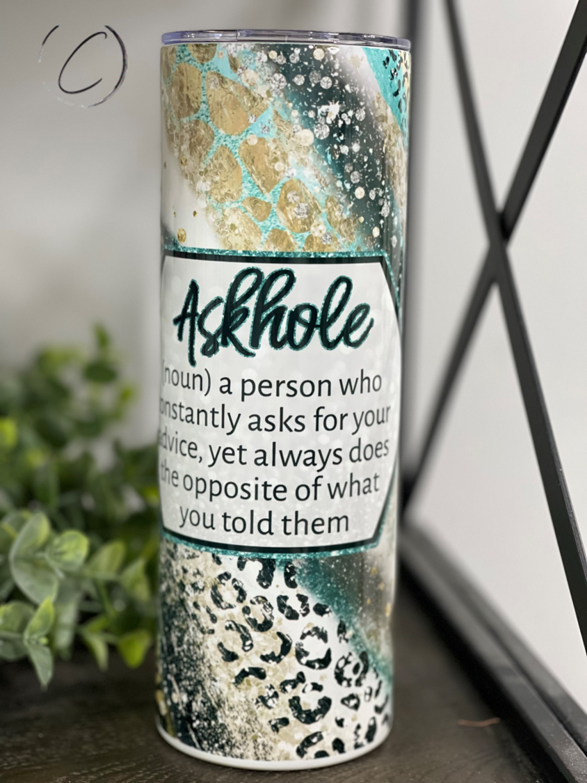 Askhole 20oz Skinny Tumbler featuring a vibrant full wrap design, perfect for hot and cold beverages, with a reusable straw included.