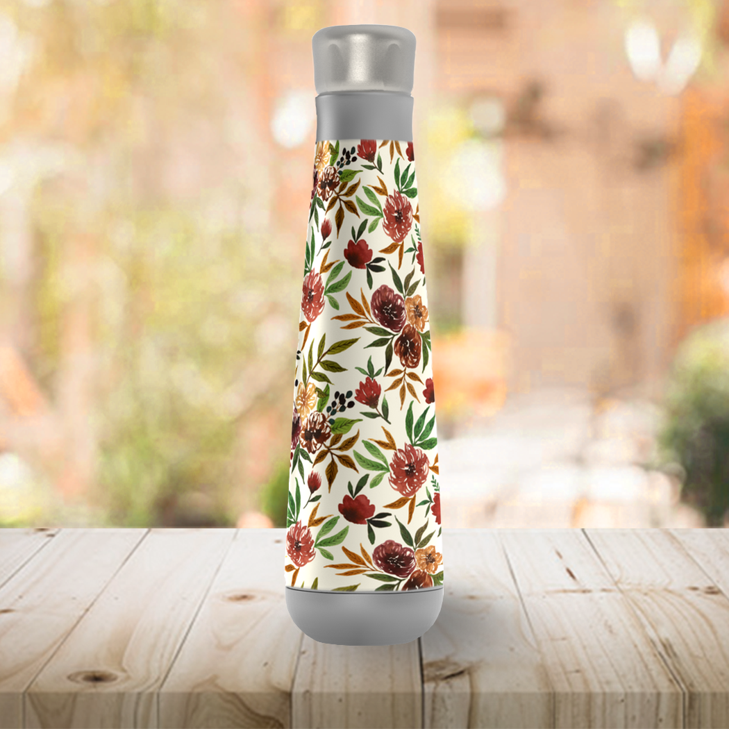 Stylish Autumn Flowers Peristyle Water Bottle made of stainless steel with floral design, perfect for keeping beverages hot or cold.