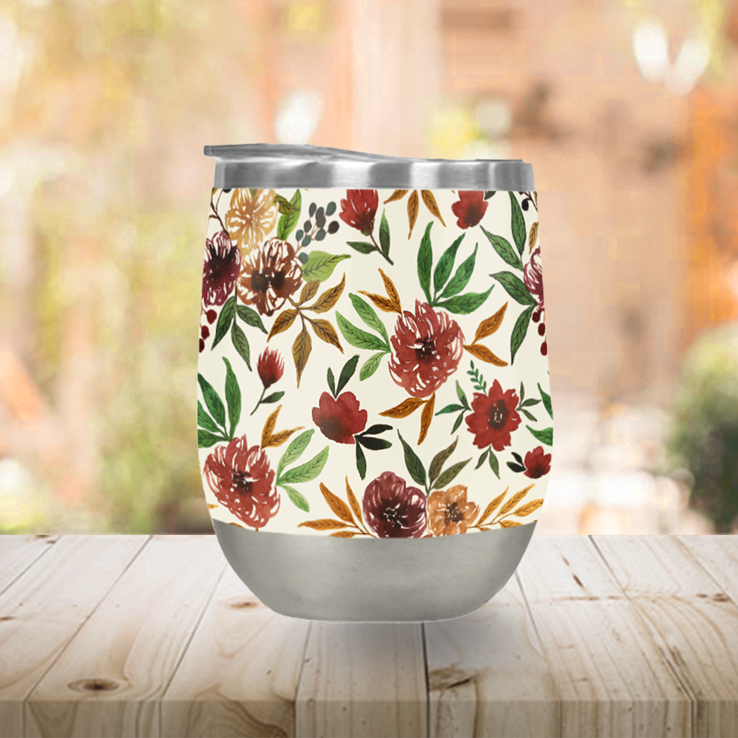 Autumn Flowers Stemless Wine Tumbler with floral design, showcasing its stainless steel construction and plastic lid.