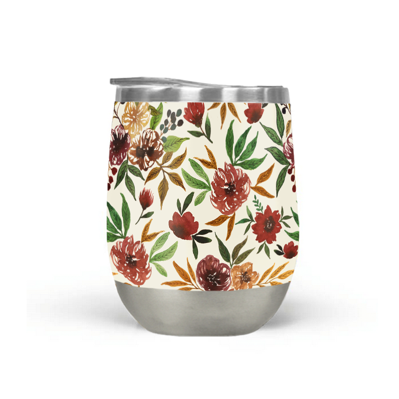 Autumn Flowers Stemless Wine Tumbler with floral design, showcasing its stainless steel construction and plastic lid.