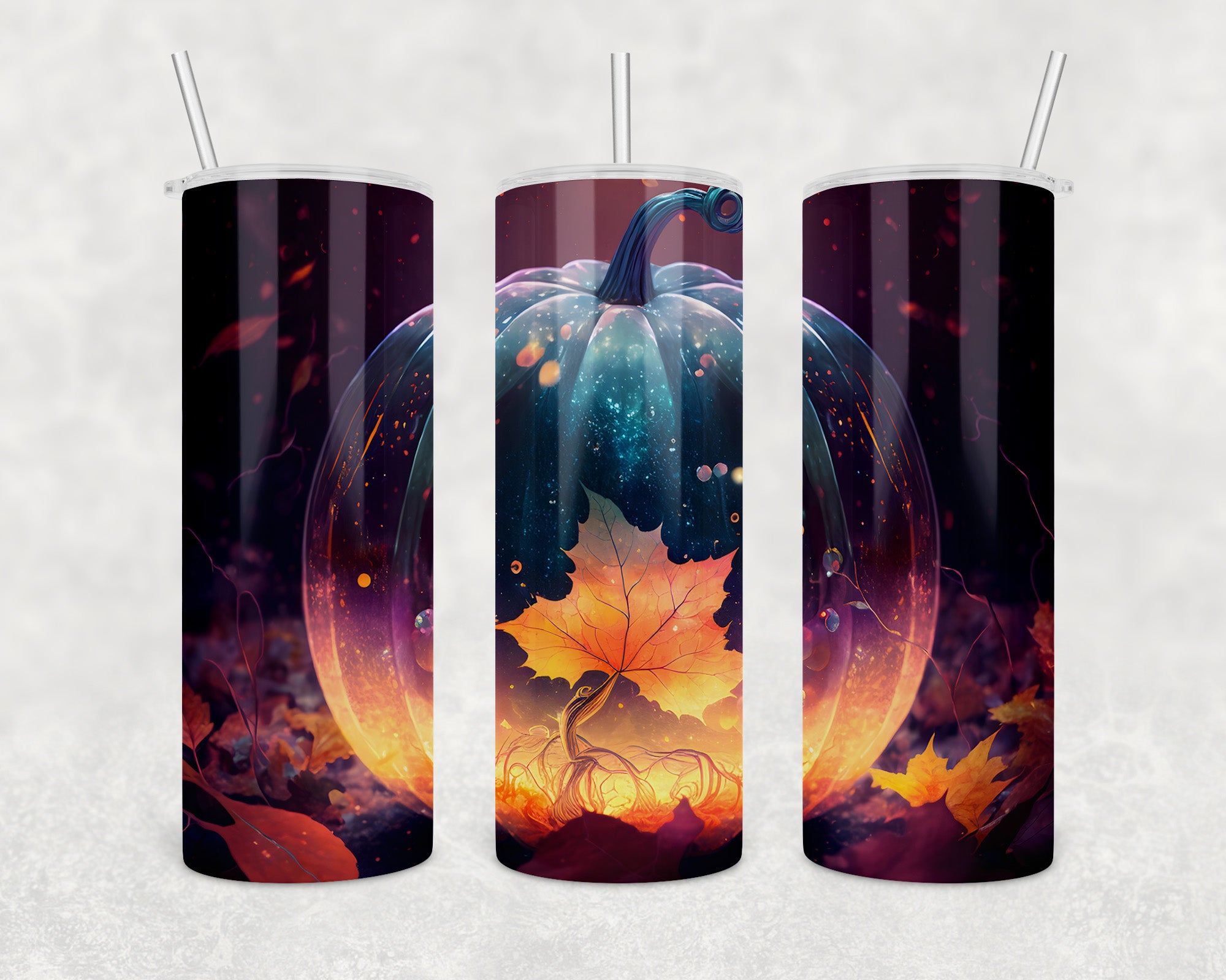 Autumn Pumpkin Looking Glass 20oz Skinny Tumbler with a vibrant pumpkin design, stainless steel straw, and clear sliding lid.