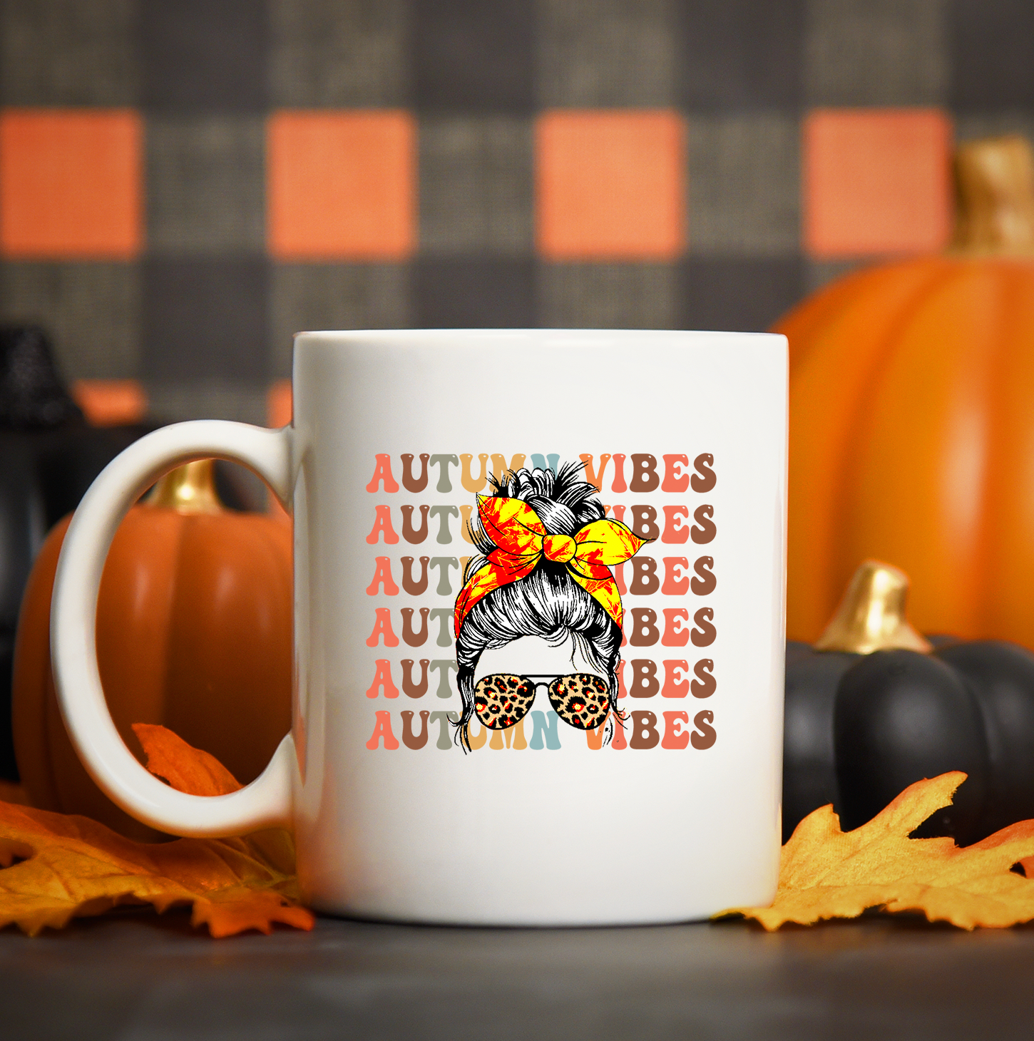 Autumn Vibes 15oz Mug featuring a glossy white finish and vibrant autumn-themed print, perfect for coffee or tea.