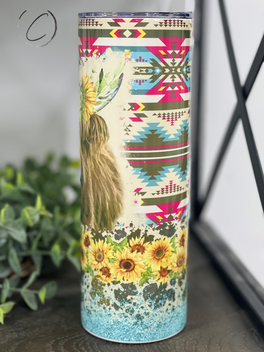 Aztec Sunflower Highland Cow 20oz Skinny Tumbler featuring a vibrant sunflower design and Highland cow image.