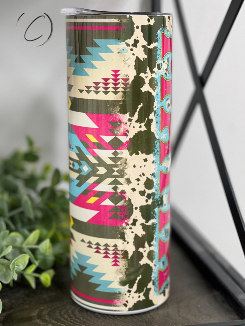 Aztec Tribal Mama 20oz Skinny Tumbler with vibrant tribal design and reusable straw.