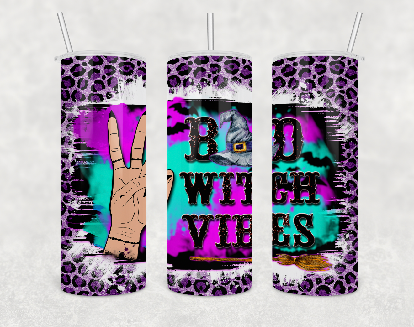 Bad Witch Vibes 20oz Skinny Tumbler with stainless steel design and clear lid.