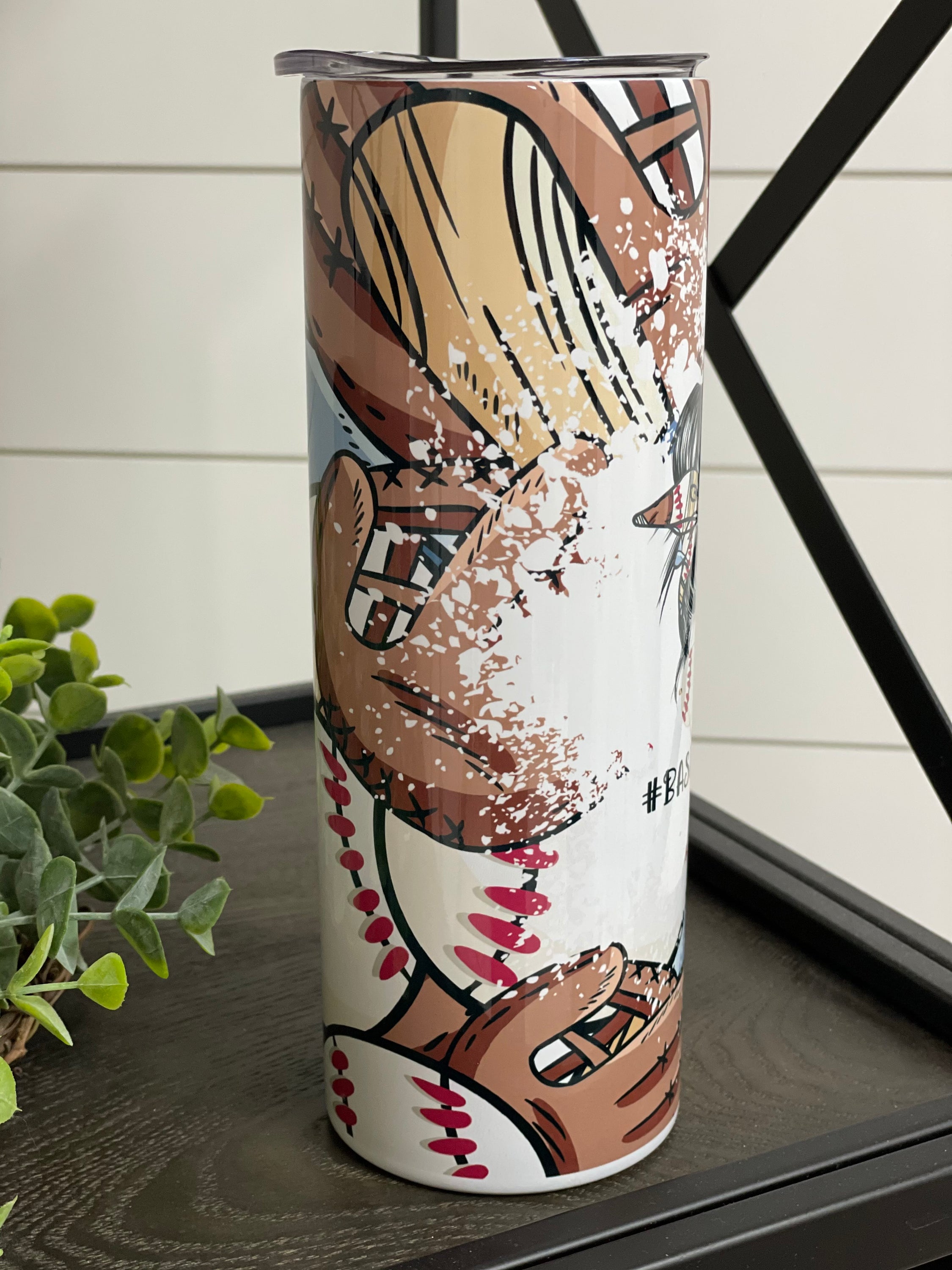 A stylish 20oz skinny tumbler featuring a #BaseballMom design, perfect for hydration at games or daily use.