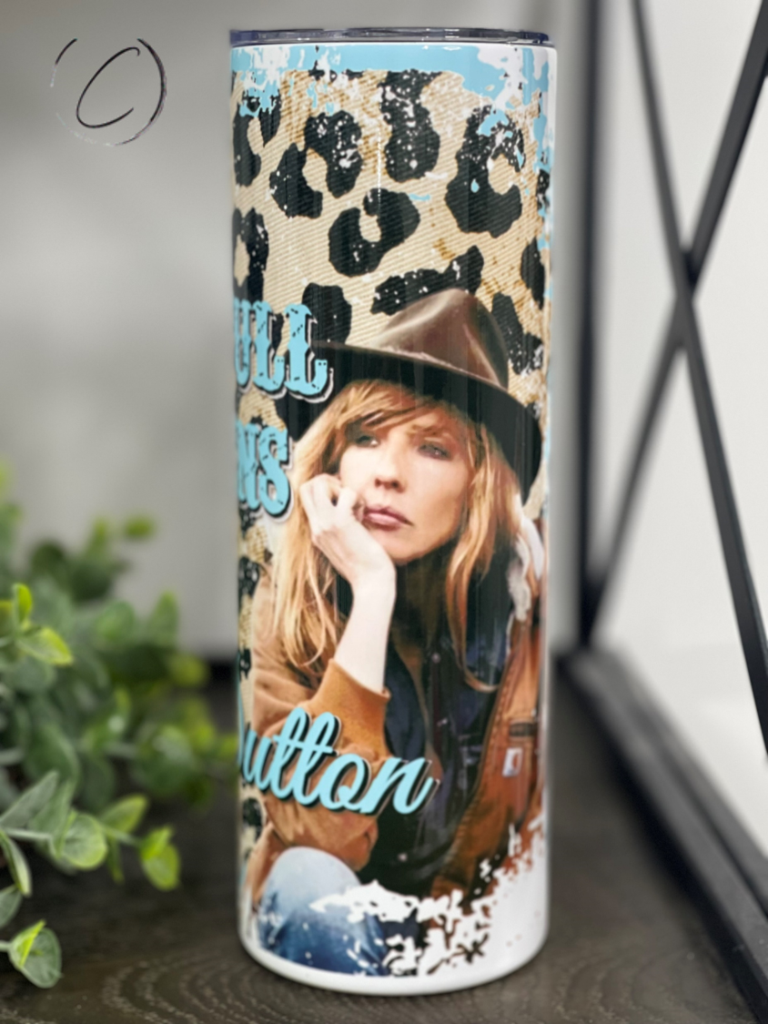 Be A Beth Dutton 20oz Skinny Tumbler featuring a full wrap design with vibrant colors and a reusable straw.