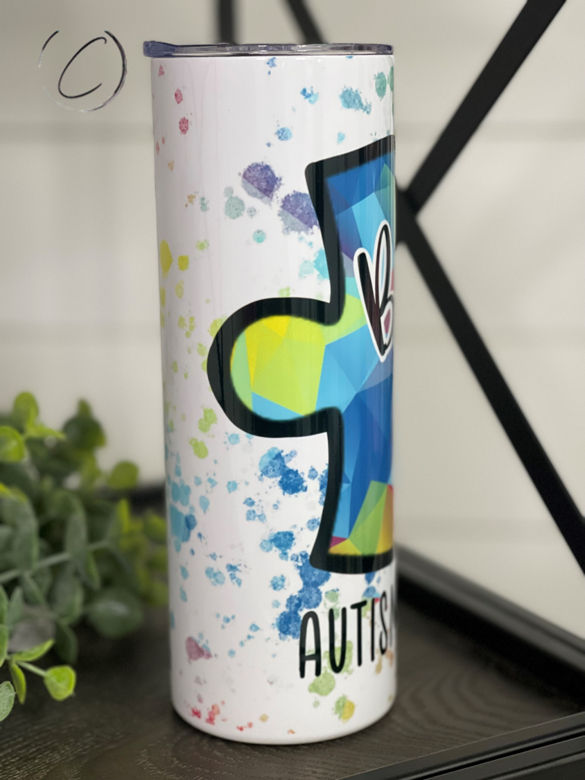 Be Kind Autism Awareness 20oz Skinny Tumbler with vibrant full wrap design and reusable straw.