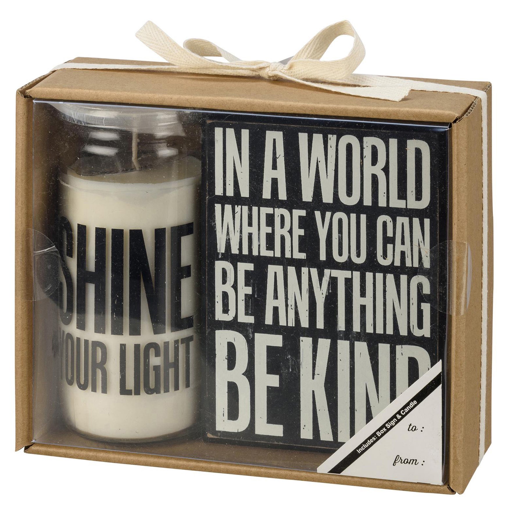 Be Kind Box Sign and Candle Giftable Set featuring a wooden sign and a soy wax candle in a kraft paper box.