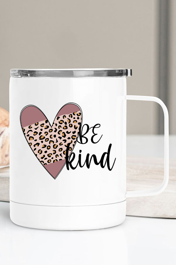 Be Kind Leopard Heart Stainless Steel Coffee Travel Cup with double wall insulation and vibrant design, perfect for on-the-go coffee lovers.