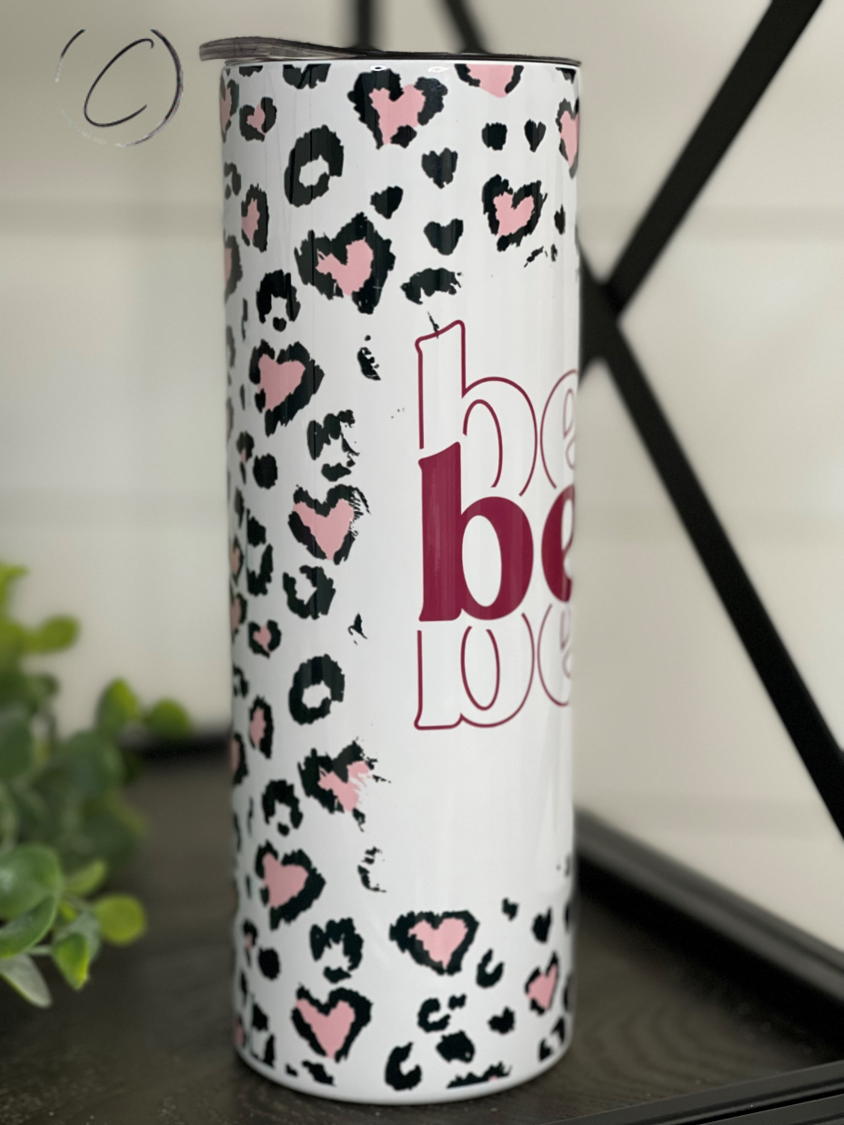 Be Mine Valentine 20oz Skinny Tumbler with a vibrant full wrap design, perfect for hot and cold beverages.