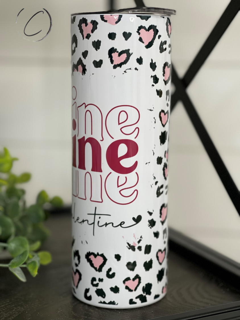 Be Mine Valentine 20oz Skinny Tumbler with a vibrant full wrap design, perfect for hot and cold beverages.