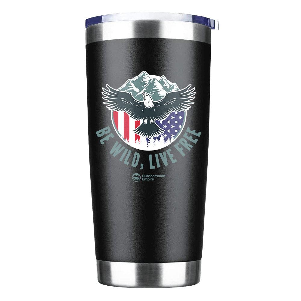 Be Wild Be Free 20oz Insulated Vacuum Sealed Tumbler with vibrant UV-printed design, showcasing its stainless steel construction and splash-proof lid.