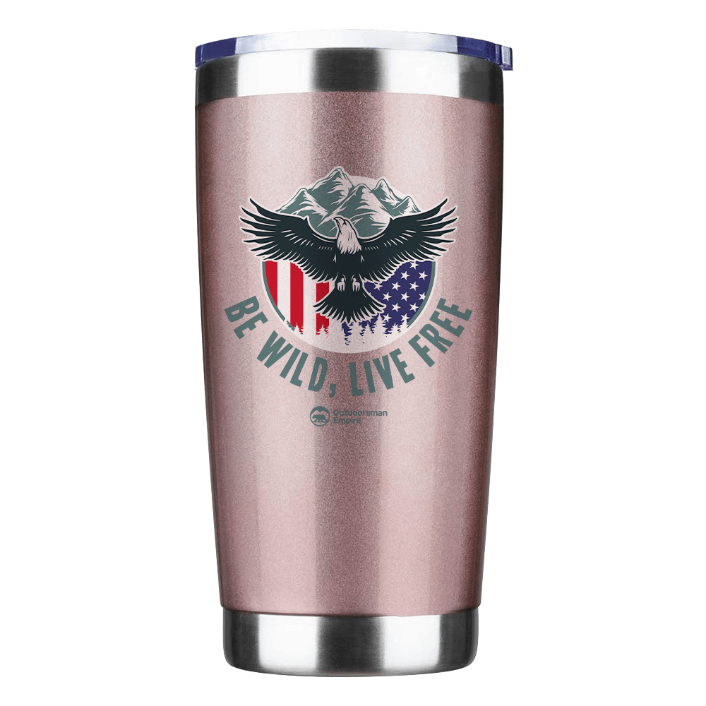 Be Wild Be Free 20oz Insulated Vacuum Sealed Tumbler with vibrant UV-printed design, showcasing its stainless steel construction and splash-proof lid.