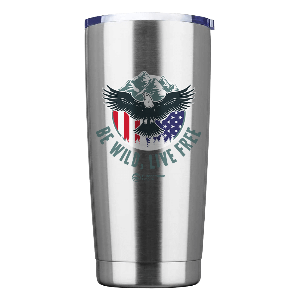 Be Wild Be Free 20oz Insulated Vacuum Sealed Tumbler with vibrant UV-printed design, showcasing its stainless steel construction and splash-proof lid.