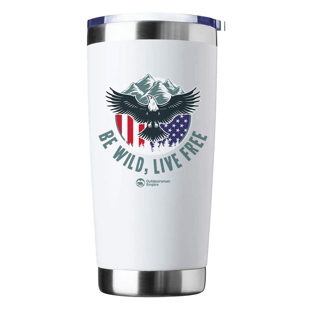 Be Wild Be Free 20oz Insulated Vacuum Sealed Tumbler with vibrant UV-printed design, showcasing its stainless steel construction and splash-proof lid.