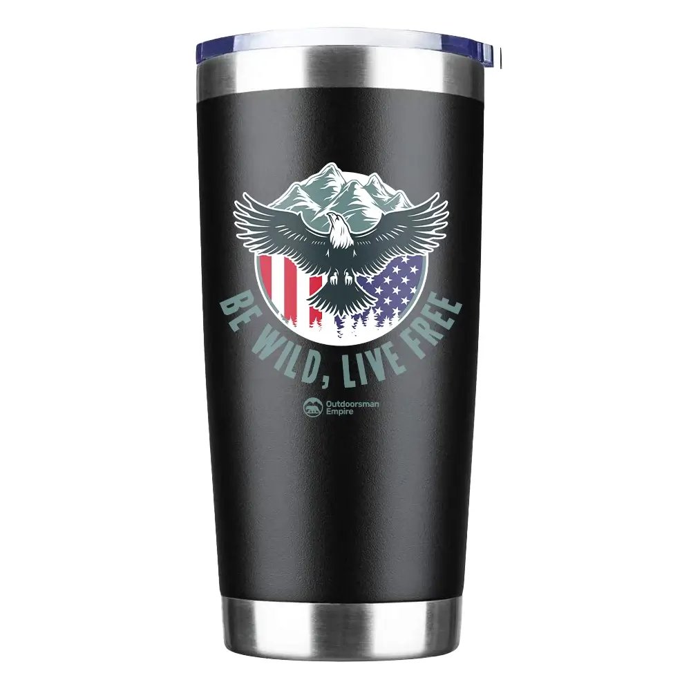 Be Wild Be Free 20oz Insulated Vacuum Sealed Tumbler with vibrant UV-printed design, showcasing its stainless steel construction and splash-proof lid.