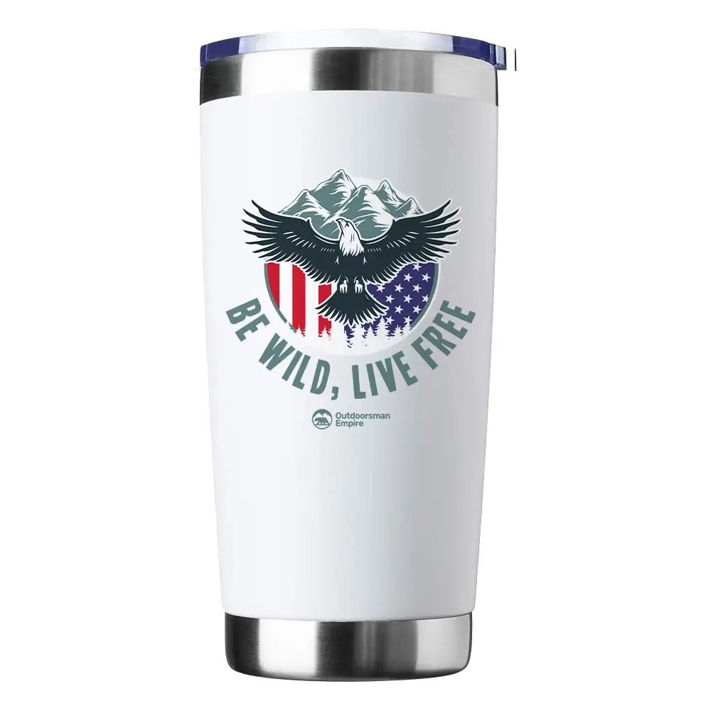 Be Wild Be Free 20oz Insulated Vacuum Sealed Tumbler with vibrant UV-printed design, showcasing its stainless steel construction and splash-proof lid.