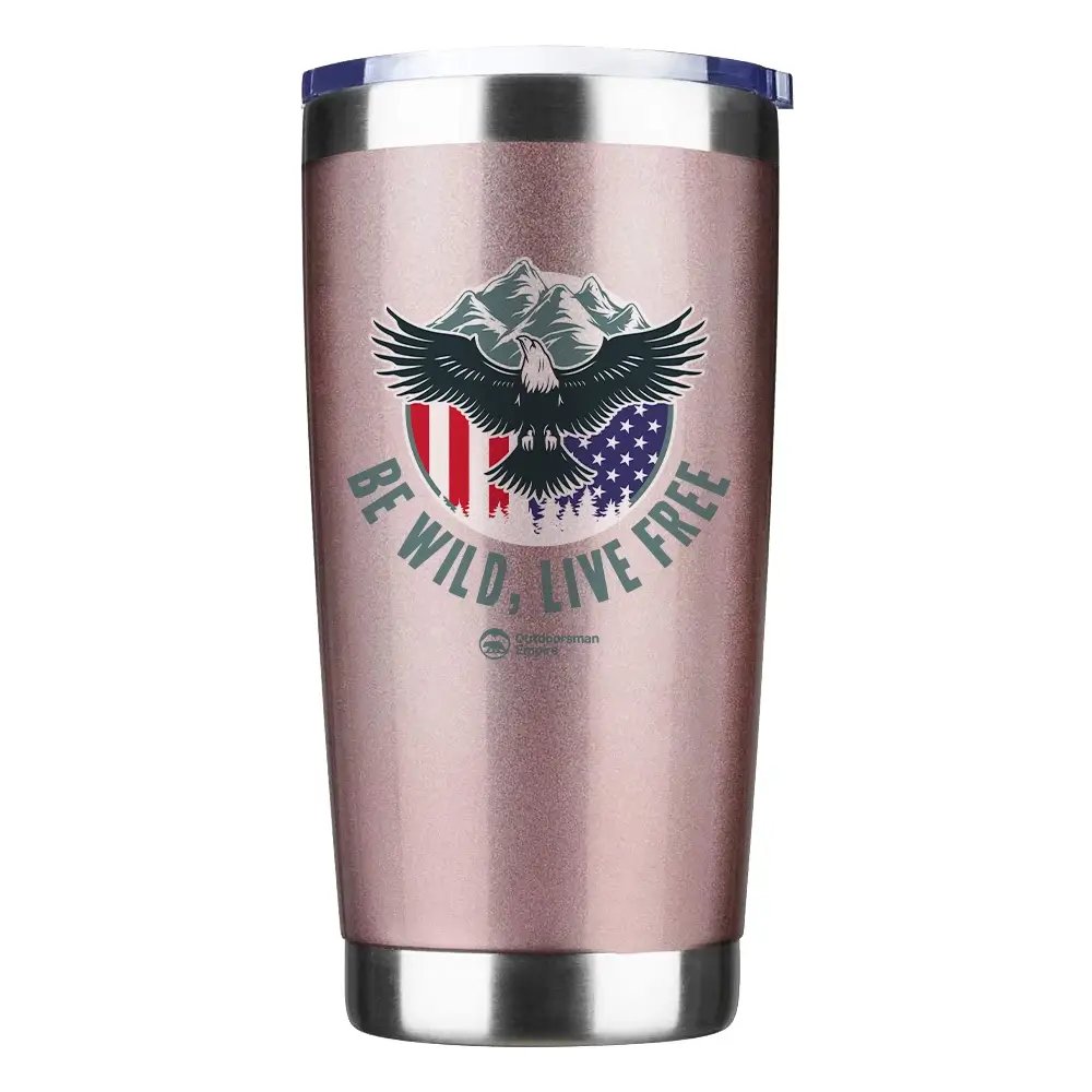 Be Wild Be Free 20oz Insulated Vacuum Sealed Tumbler with vibrant UV-printed design, showcasing its stainless steel construction and splash-proof lid.