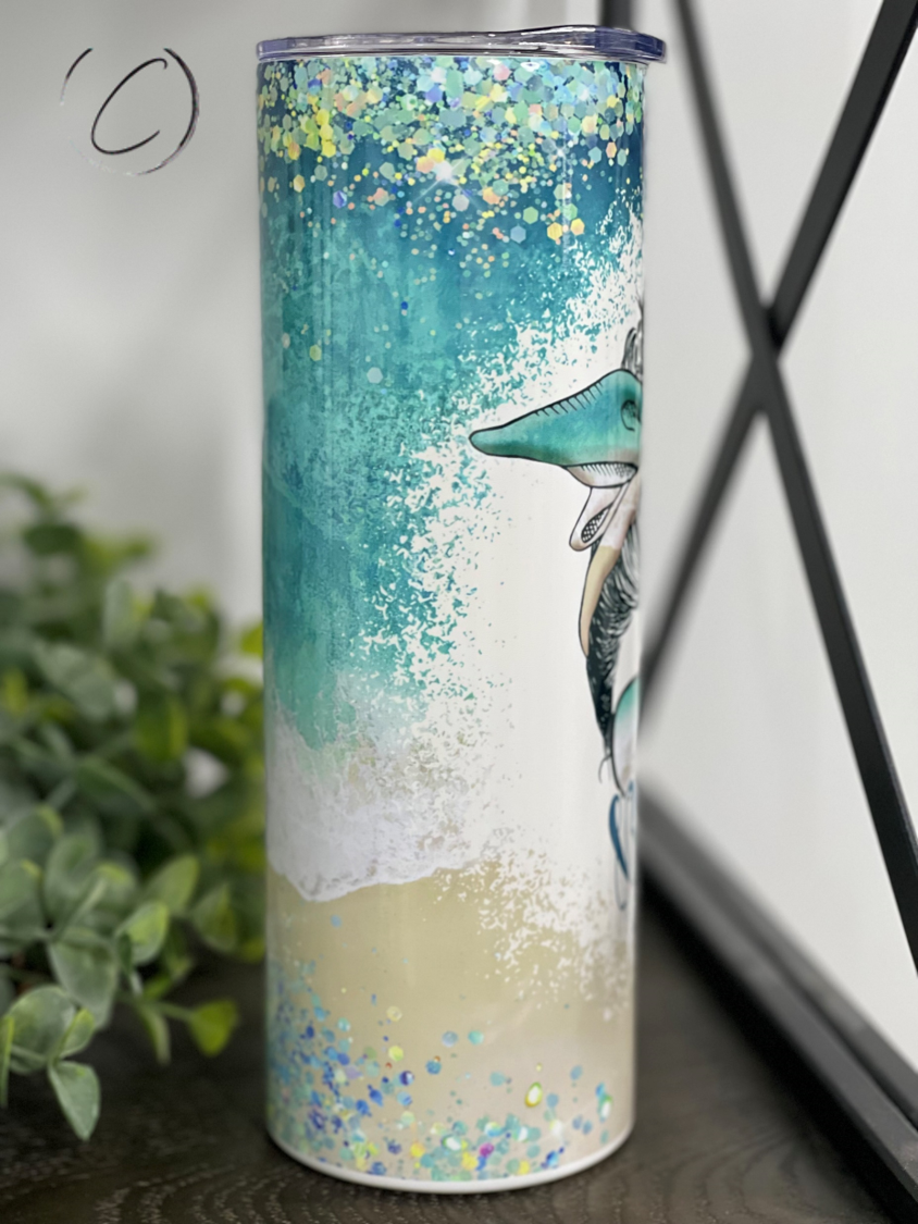 Beach Life Messy Bun 20oz Skinny Tumbler with vibrant beach-themed design and reusable straw.