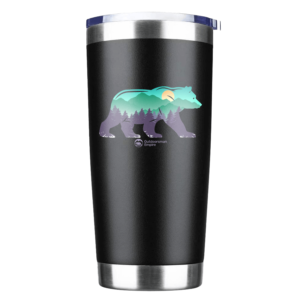 Bear 20oz Insulated Vacuum Sealed Tumbler in stainless steel with a splash-proof lid and UV-printed design.