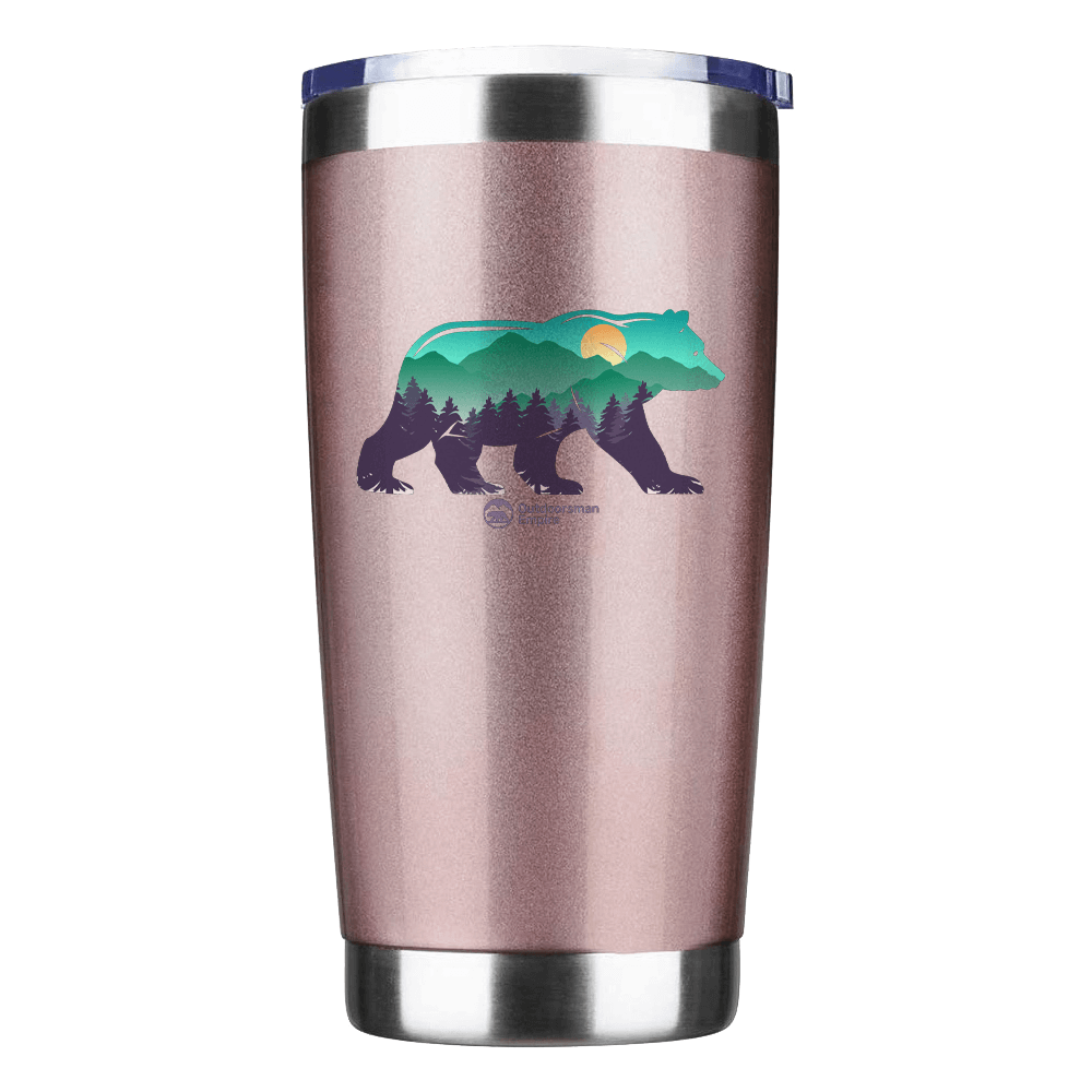 Bear 20oz Insulated Vacuum Sealed Tumbler in stainless steel with a splash-proof lid and UV-printed design.