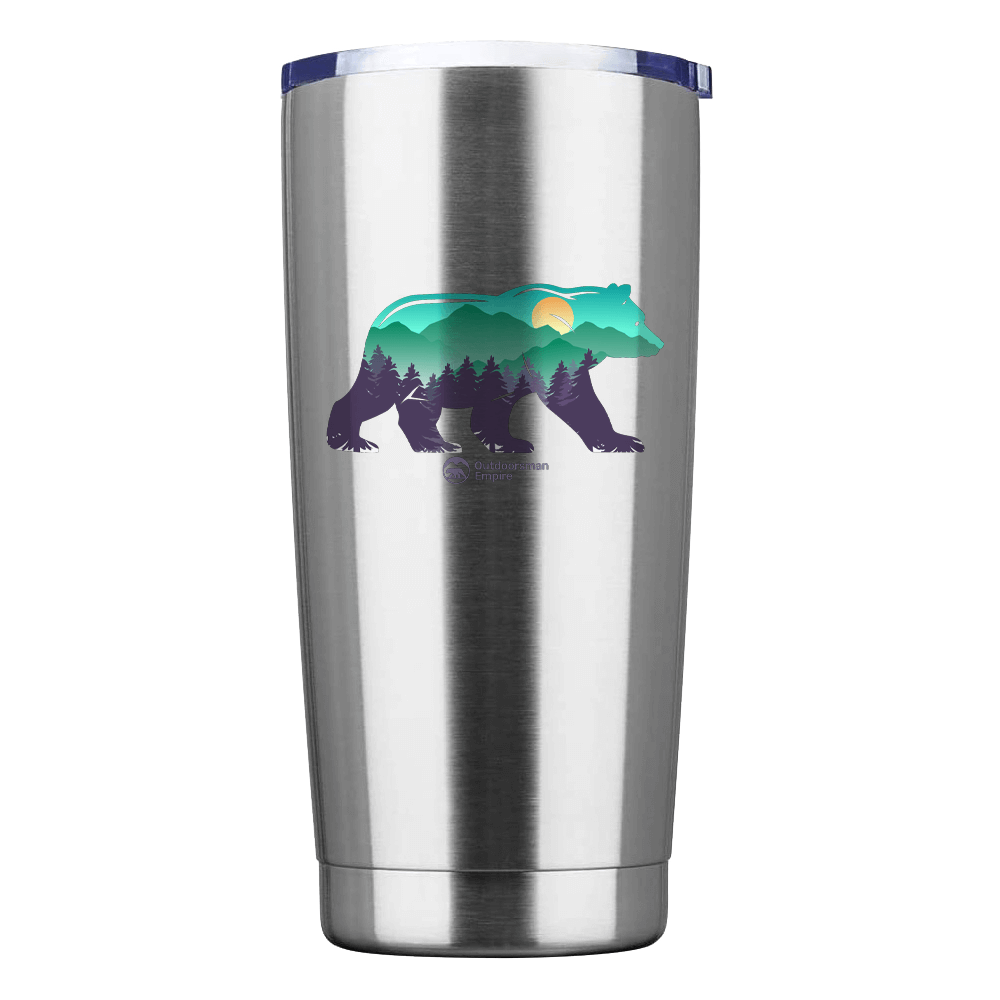 Bear 20oz Insulated Vacuum Sealed Tumbler in stainless steel with a splash-proof lid and UV-printed design.