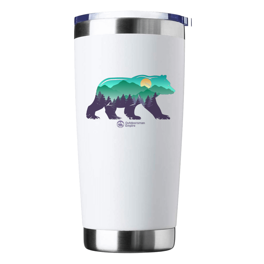 Bear 20oz Insulated Vacuum Sealed Tumbler in stainless steel with a splash-proof lid and UV-printed design.