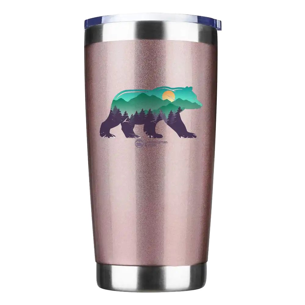 Bear 20oz Insulated Vacuum Sealed Tumbler in stainless steel with a splash-proof lid and UV-printed design.