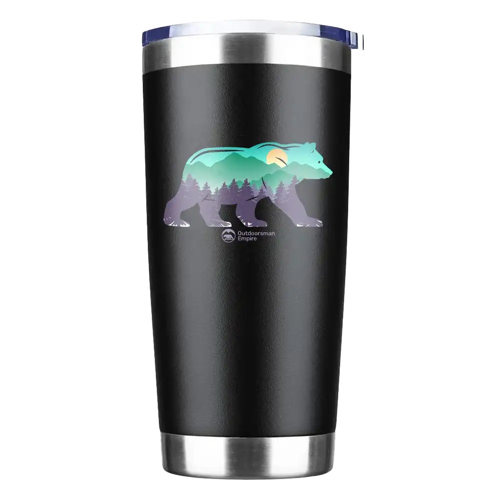 Bear 20oz Insulated Vacuum Sealed Tumbler in stainless steel with a splash-proof lid and UV-printed design.