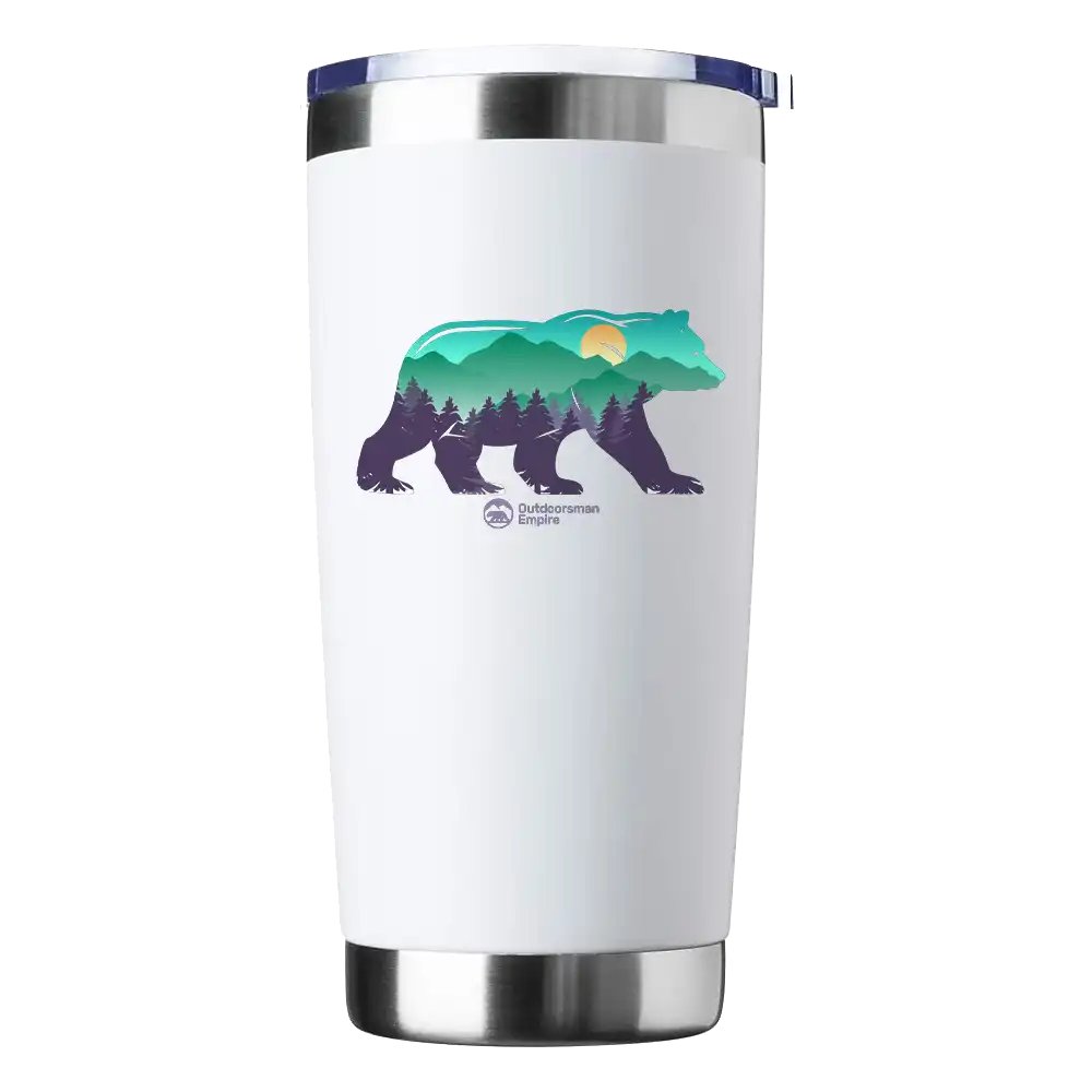 Bear 20oz Insulated Vacuum Sealed Tumbler in stainless steel with a splash-proof lid and UV-printed design.