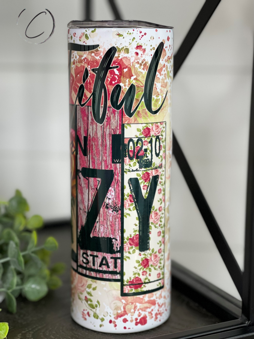 Beautiful Crazy 20oz Skinny Tumbler with a vibrant full wrap design, includes a reusable straw.